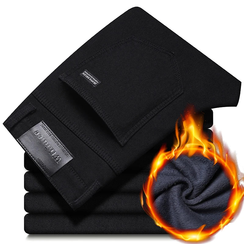 WTHINLEE Winter Men Black Straight Stretch Denim Thick Velvet Pants Warm Jeans Casual Fleece Line Trousers Male Plus Size - Tasawoq