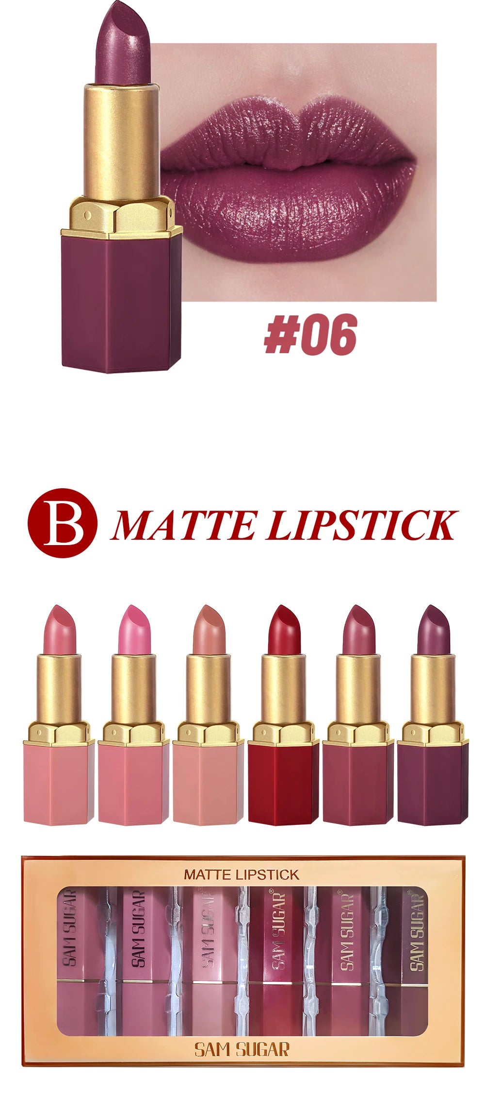 6 Colors Gold Bar Tube Lipstick Matte Texture Pearlescent Glitter Velvet Lipstick Valentine's Day Gift 6PCS - Tasawoq