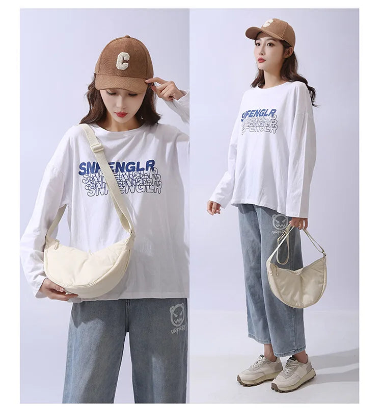 Solid Color Women's Portable Shoulder Bag Simple Female Nylon Cloth Padded Crossbody Bags Travel Purse Handbags Messenger Bag - Tasawoq