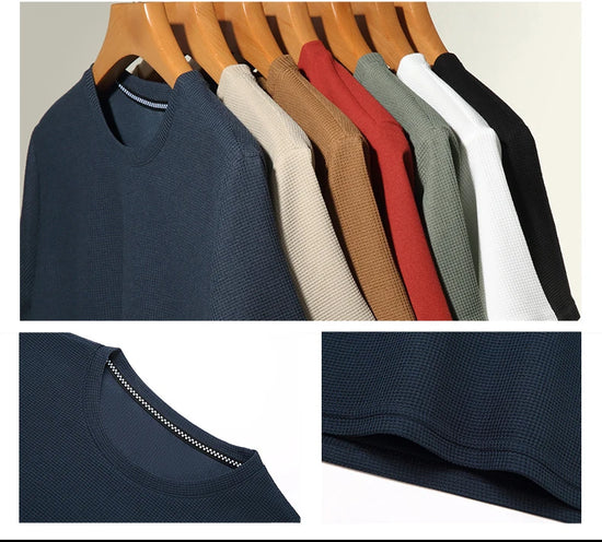 New Summer Waffle Round Neck Short Sleeved T-shirt for Men's Short Sleeved Top - Tasawoq