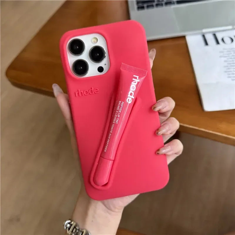 For iPhone 16 12 13 14 15 11 Pro Max Plus Fashion Rhode Phone Case Gray Toast Espresso Ribbon Lip Gloss Holder Silicone Cover - Tasawoq