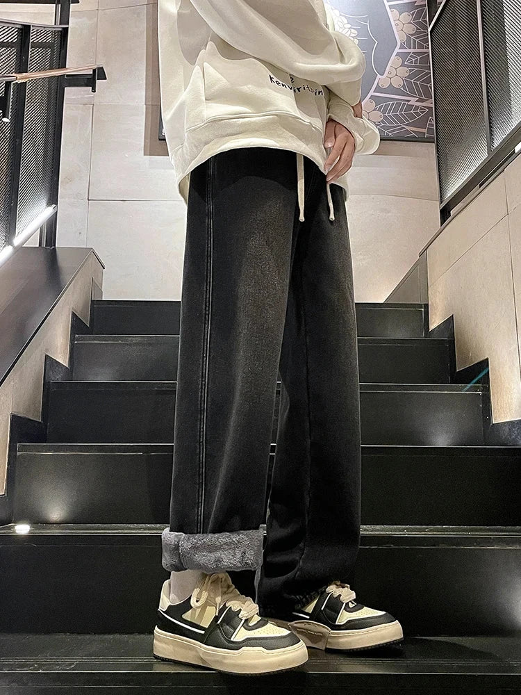 Winter Men's Jeans Korean Fashion Fleece Liner Thick Warm Straight Denim Pants Washed Cotton Retro Blue Wide Leg Jean Trousers - Tasawoq