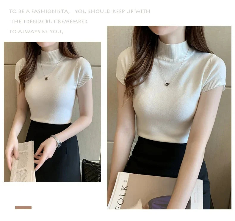 Women's Half-High Neck T-Shirt Fashion Jumper Casual Tops Korean Style Elegant Solid-Coloured Clothing Spring And Summer Season - Tasawoq