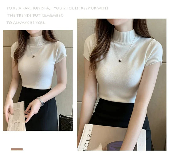 Women's Half-High Neck T-Shirt Fashion Jumper Casual Tops Korean Style Elegant Solid-Coloured Clothing Spring And Summer Season - Tasawoq