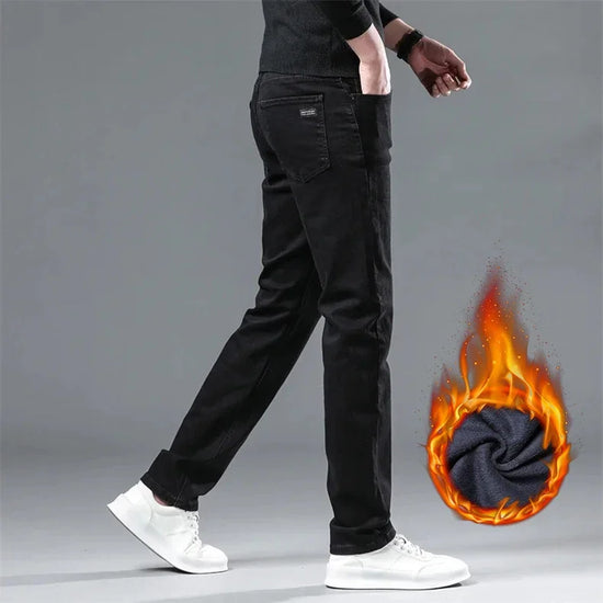 WTHINLEE Winter Men Black Straight Stretch Denim Thick Velvet Pants Warm Jeans Casual Fleece Line Trousers Male Plus Size - Tasawoq