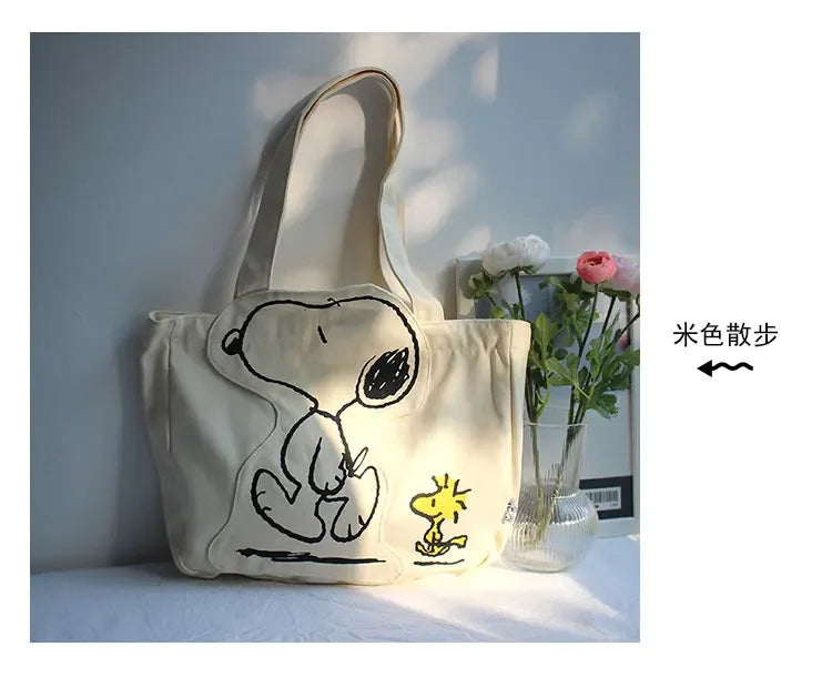 New Cartoon Fashion Snoopy Canvas Shoulder Bag Casual Cute Large Capacity Female Student Tuition Crossbody Bag - Tasawoq