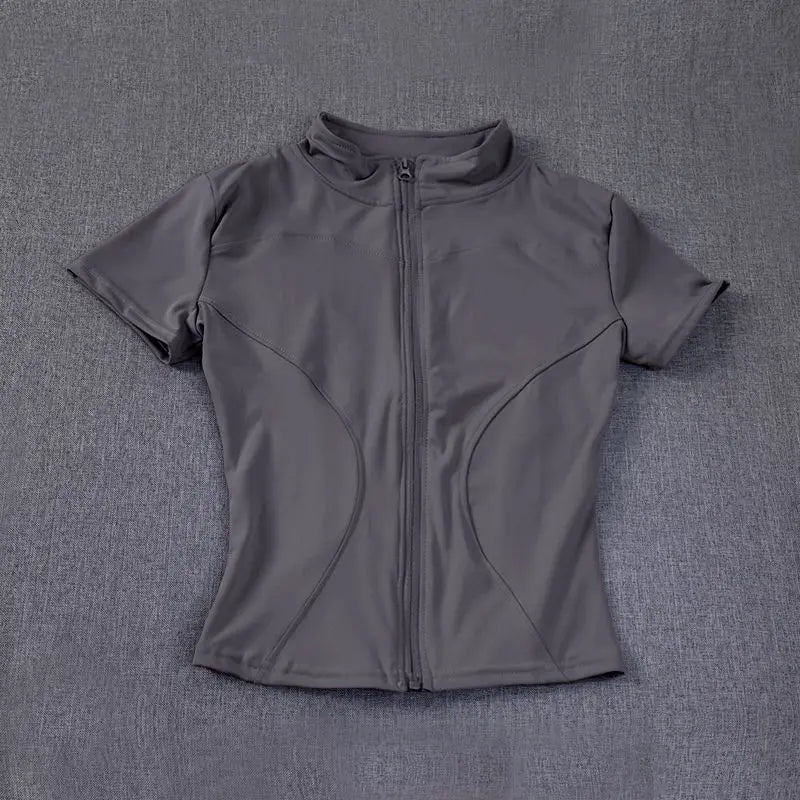 Summer High Quality Waist Slimming Training Tops Women's Quick-drying Tight Stand Collar Full Zipper Short Sleeves Yoga shirts - Tasawoq