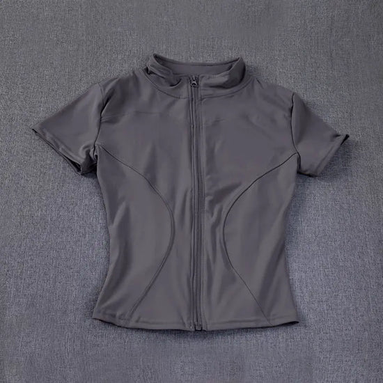 Summer High Quality Waist Slimming Training Tops Women's Quick-drying Tight Stand Collar Full Zipper Short Sleeves Yoga shirts - Tasawoq