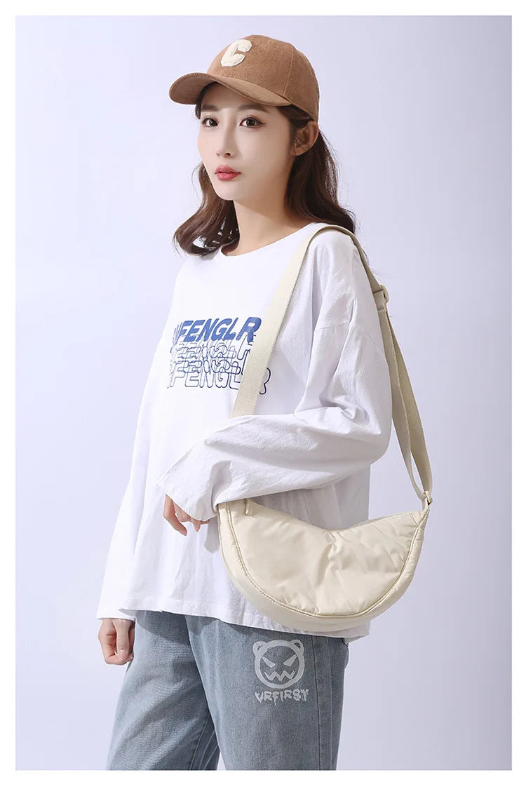 Solid Color Women's Portable Shoulder Bag Simple Female Nylon Cloth Padded Crossbody Bags Travel Purse Handbags Messenger Bag - Tasawoq
