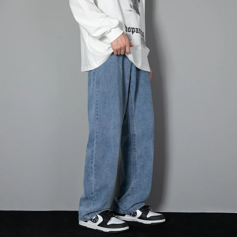 2025 New Korean Men's Casual Long Jeans Classic Man Straight Denim Wide-leg Pants Solid Color Light Blue Grey Black - Tasawoq