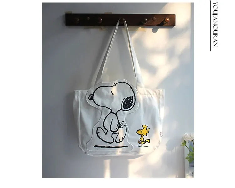 New Cartoon Fashion Snoopy Canvas Shoulder Bag Casual Cute Large Capacity Female Student Tuition Crossbody Bag - Tasawoq
