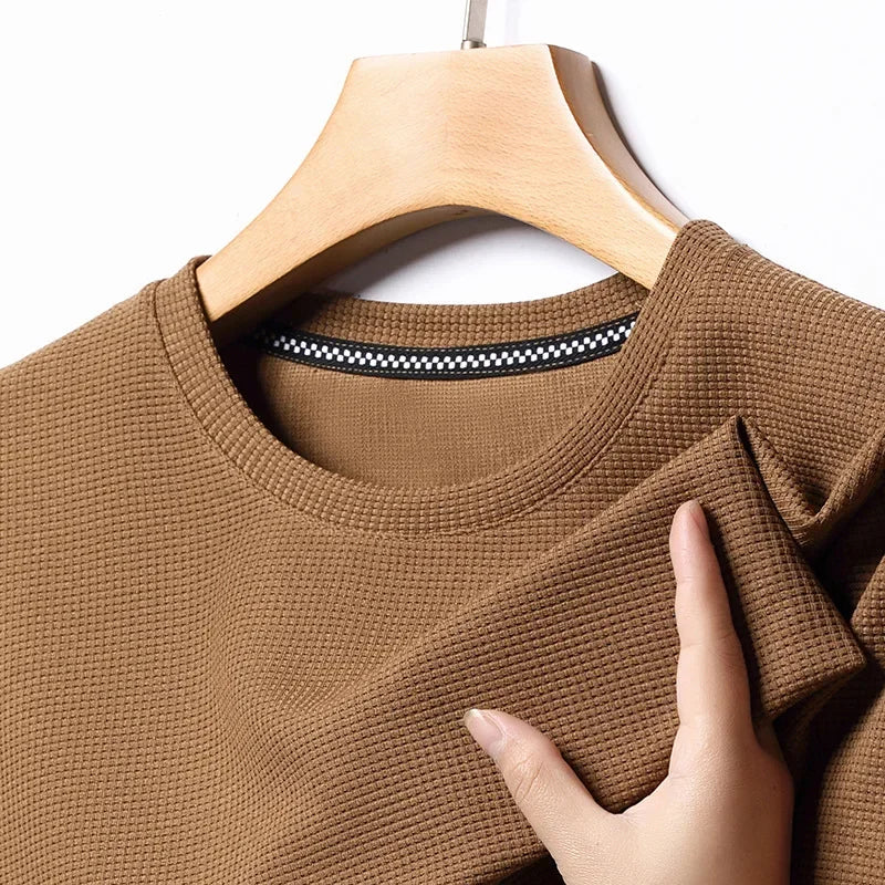 New Summer Waffle Round Neck Short Sleeved T-shirt for Men's Short Sleeved Top - Tasawoq