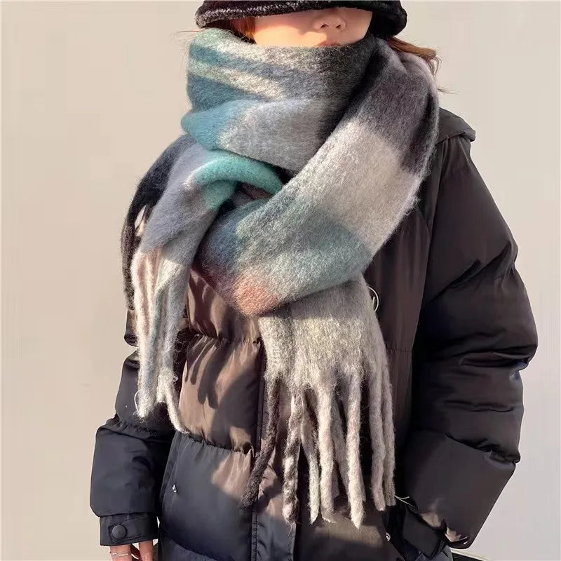 2025 Winter Thick Warm Scarf Women Cashmere Shawl and Wraps Pashmina Neckerchief Bufanda Female Rainbow Hairy Tessel Echarpe New - Tasawoq