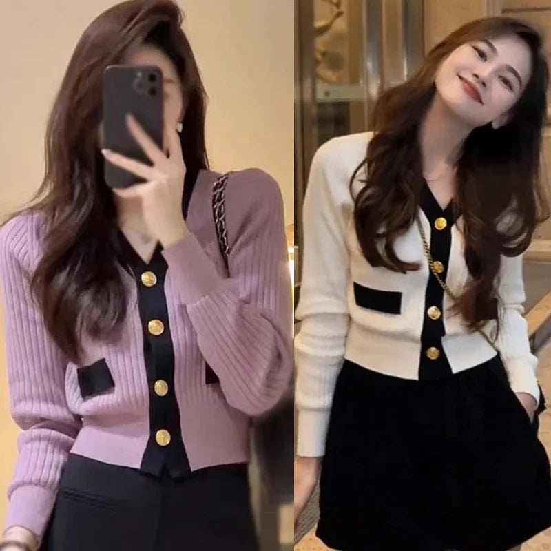 Women's Korean Version Sweater jacket V-neck Knitted Long Sleeved Cardigan Jacket - Tasawoq