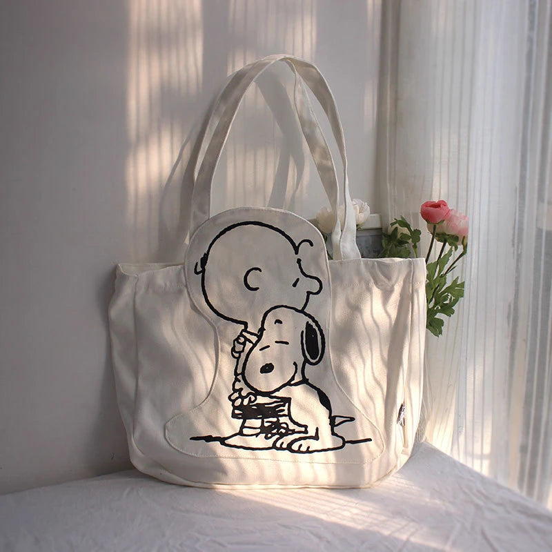 New Cartoon Fashion Snoopy Canvas Shoulder Bag Casual Cute Large Capacity Female Student Tuition Crossbody Bag - Tasawoq