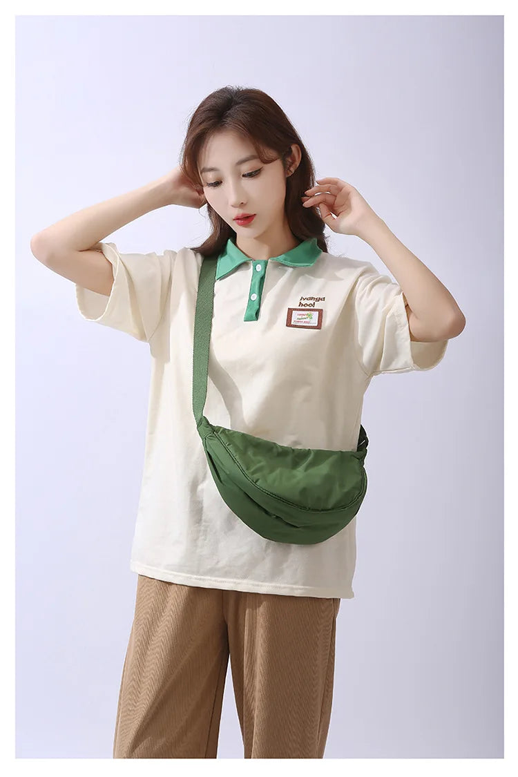 Solid Color Women's Portable Shoulder Bag Simple Female Nylon Cloth Padded Crossbody Bags Travel Purse Handbags Messenger Bag - Tasawoq
