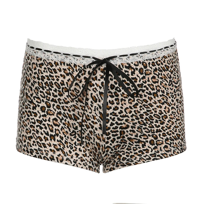 CIBBAR Hot Sexy Leopard Print Shorts Streetwear y2k Lace Patchwork Bow Low Rise Skinny Short Pants Women Vintage 2000s Clothing - Tasawoq