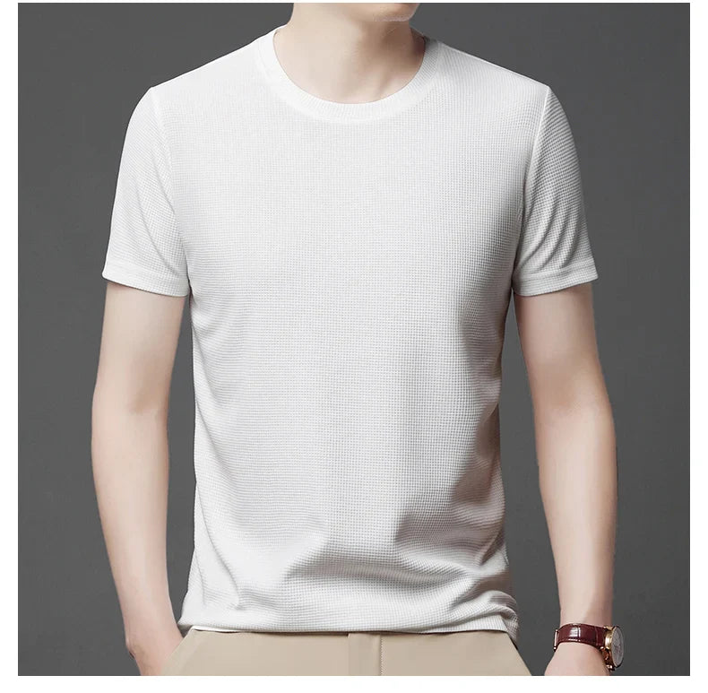 New Summer Waffle Round Neck Short Sleeved T-shirt for Men's Short Sleeved Top - Tasawoq