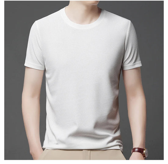 New Summer Waffle Round Neck Short Sleeved T-shirt for Men's Short Sleeved Top - Tasawoq