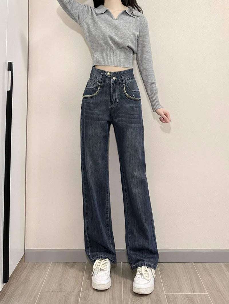 Xpqbb Korean Chic Turndown Collar Sweaters Female Gray Slim Fit Long Sleeve Cropped Sweater for Woman Streetwear Knit Pullovers - Tasawoq