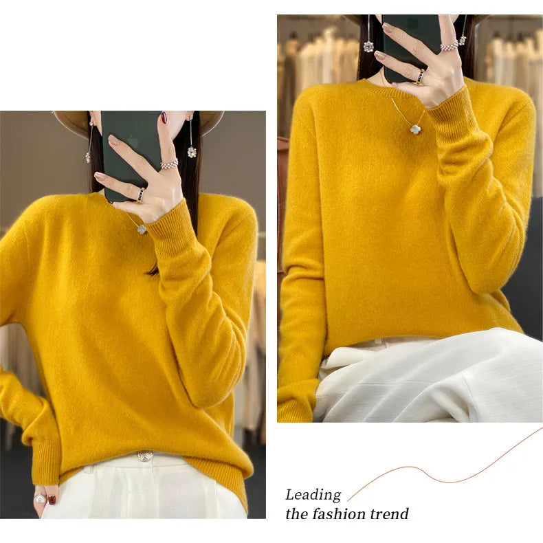 Women's 100% Beautiful Wool Round Neck Top Fashion Versatile Knitted Loose Long Sleeve Pullover Thin Sweater Yuan Ling - Tasawoq