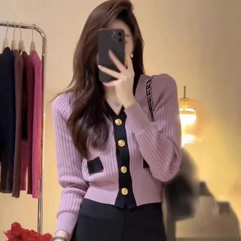 Women's Korean Version Sweater jacket V-neck Knitted Long Sleeved Cardigan Jacket - Tasawoq