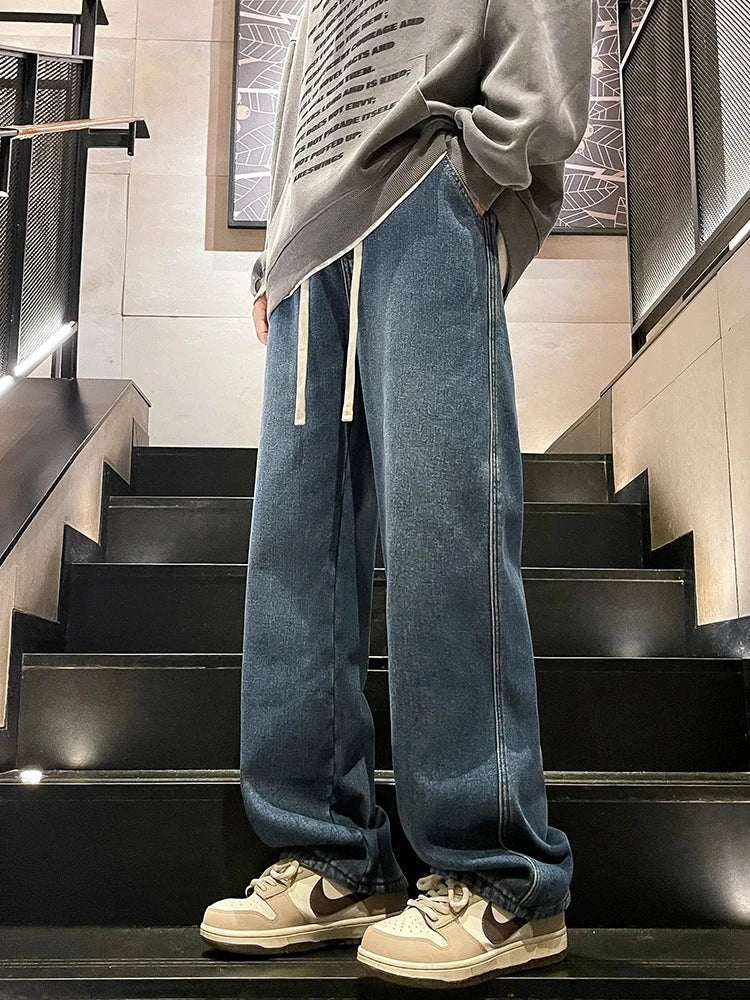 Winter Men's Jeans Korean Fashion Fleece Liner Thick Warm Straight Denim Pants Washed Cotton Retro Blue Wide Leg Jean Trousers - Tasawoq