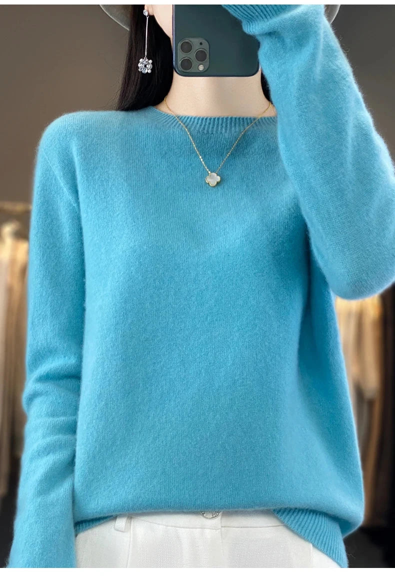 Women's 100% Beautiful Wool Round Neck Top Fashion Versatile Knitted Loose Long Sleeve Pullover Thin Sweater Yuan Ling - Tasawoq