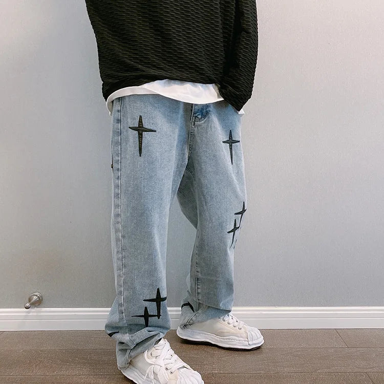 Prints Jeans Men 2023 New Streetwear Baggy Wide Leg Jeans Korean Fashion Drapes Straight Casual Loose Denim Cargo Pants - Tasawoq