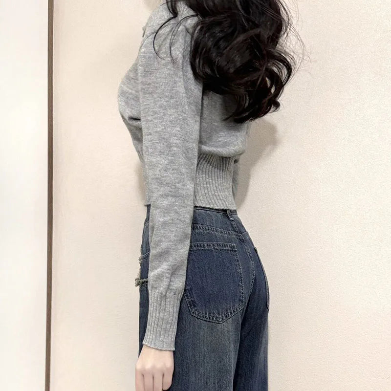 Xpqbb Korean Chic Turndown Collar Sweaters Female Gray Slim Fit Long Sleeve Cropped Sweater for Woman Streetwear Knit Pullovers - Tasawoq
