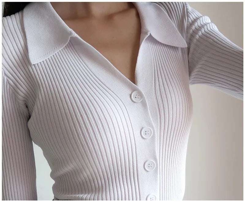 AOSSVIAO 2025 Ladies Buttons Sexy V Neck Long Sleeve POLO Neck Knit Cardigan Sweater Women Lapel Slim Tops - Tasawoq
