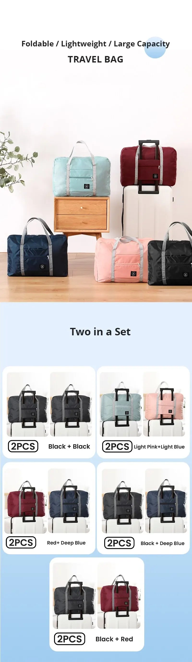2 Pack Foldable Travel Duffel Bag for Airlines Carry on Bag Weekender Overnight Hospital Tote Bag Gym Duffel Bag Women Men - Tasawoq