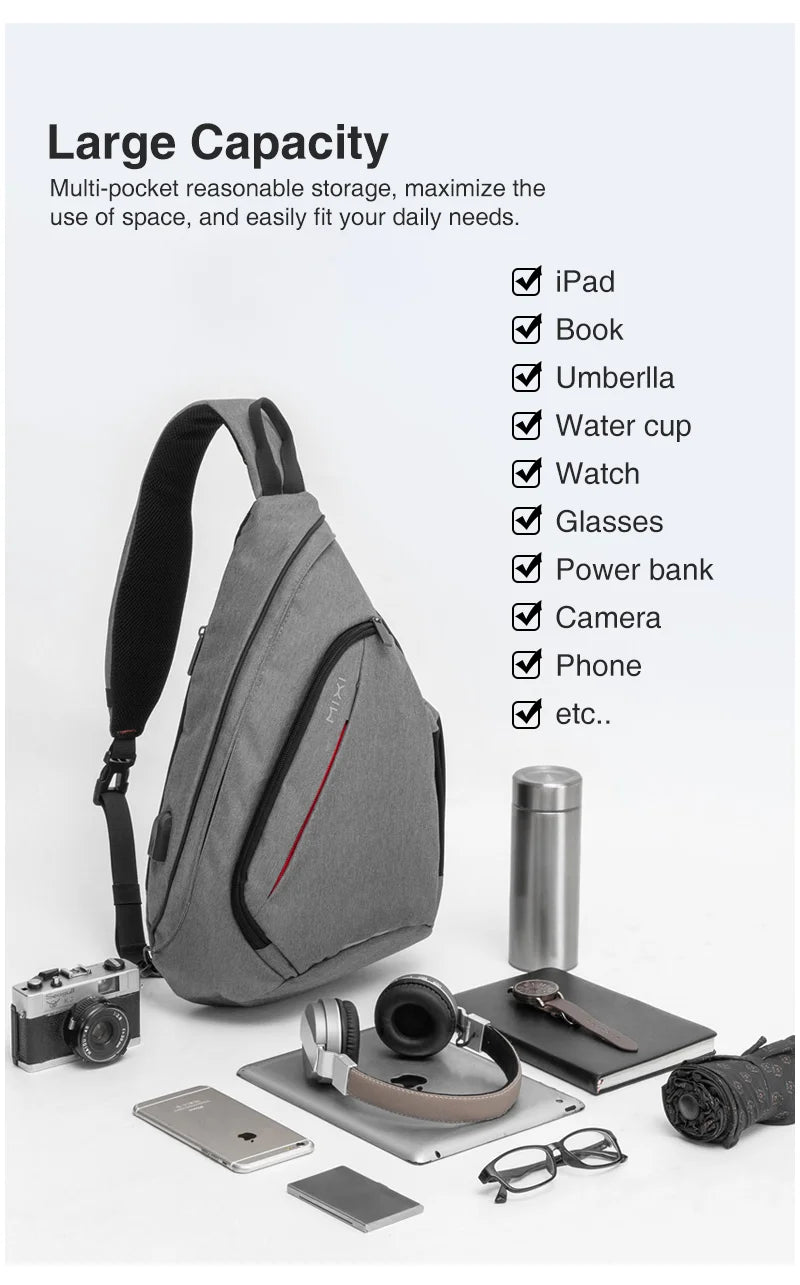 Mixi Men One Shoulder Backpack Women Sling Bag Crossbody USB Boys Cycling Sports Travel Versatile Fashion Bag Student School - Tasawoq