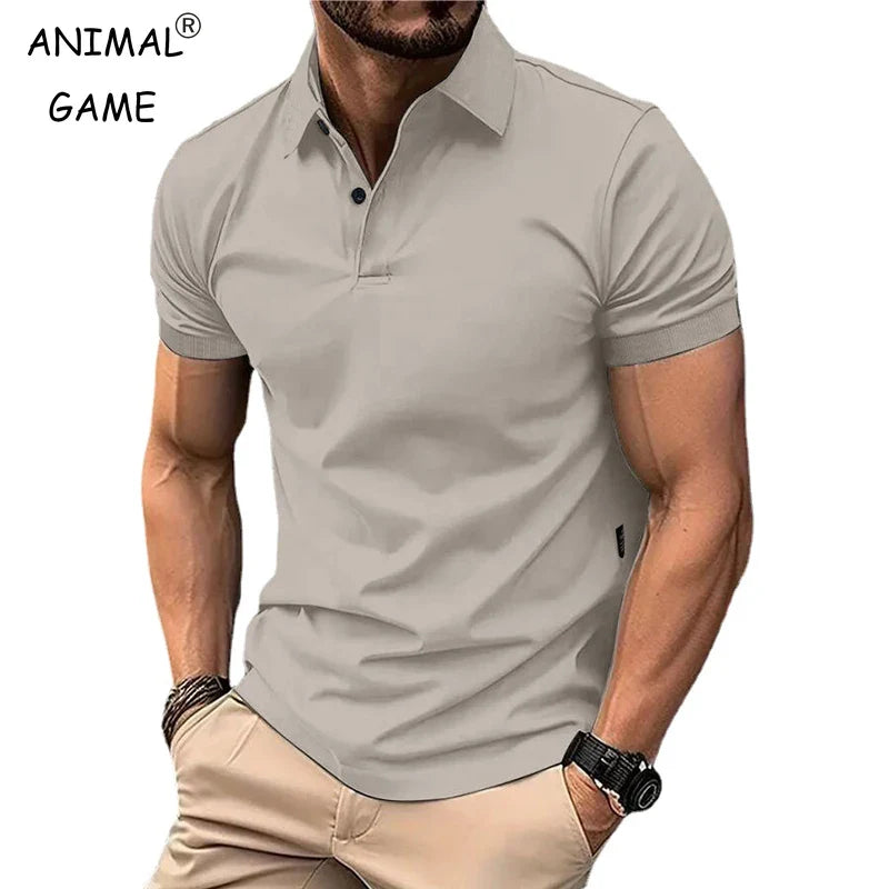 Summer Men's Solid Color Polo Shirt Short Sleeve Lapel Button Tshirts for Men Casual Streetwear Lightweight Jogging Tops - Tasawoq