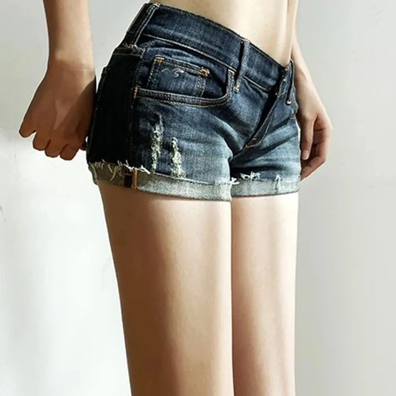 Summer New Women Korean Denim Shorts Pants Lady Low Waist Elastic Slim Fit Hot Pants Female Sexy Deep Blue Hip Wrapping Jeans - Tasawoq