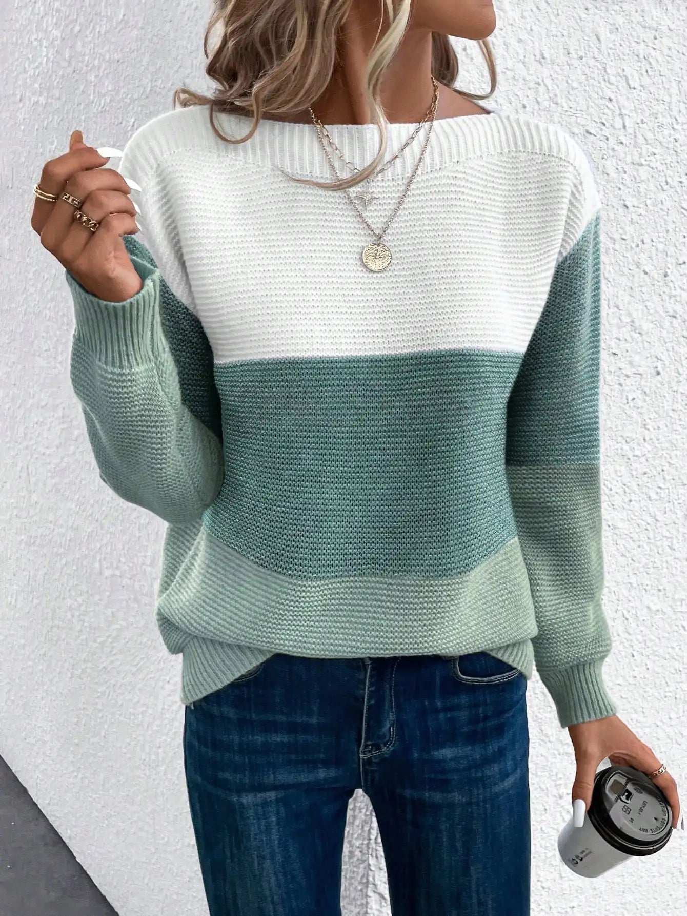 Elegant Three-color Patchwork Sweater Women Daily Commuter Casual Loose Jumpers Female Autumn Winter Knitted Thickened Warm Tops - Tasawoq