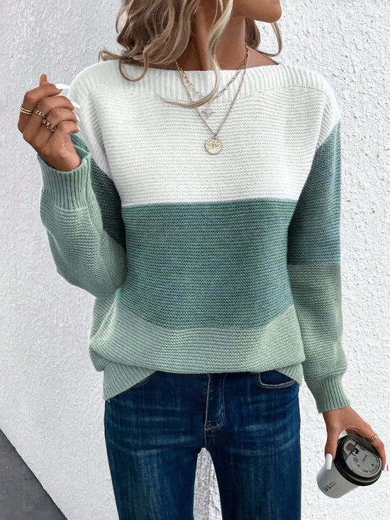 Elegant Three-color Patchwork Sweater Women Daily Commuter Casual Loose Jumpers Female Autumn Winter Knitted Thickened Warm Tops - Tasawoq
