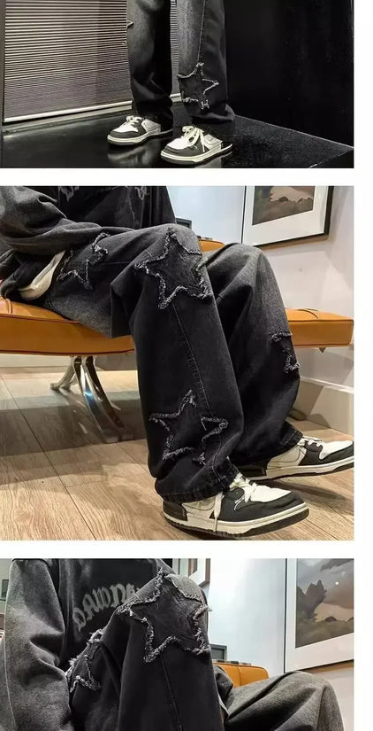 Stars Patchwork Men Jeans New Fashion Y2K Tassel Pants Korea Clothes Straight Hip Hop Splicing Trousers Male Streetwear - Tasawoq