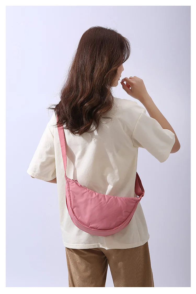 Solid Color Women's Portable Shoulder Bag Simple Female Nylon Cloth Padded Crossbody Bags Travel Purse Handbags Messenger Bag - Tasawoq