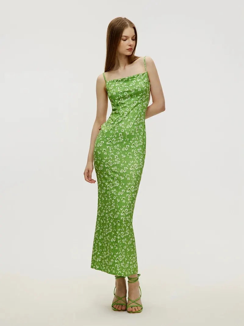 Long Floral Suspender Dress Nsummer Sexy Backless Slimming Beach Dress Fashionable Simple Printed Banquet Women's Clothing - Tasawoq