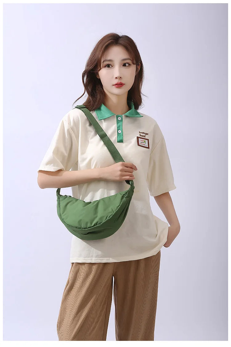 Solid Color Women's Portable Shoulder Bag Simple Female Nylon Cloth Padded Crossbody Bags Travel Purse Handbags Messenger Bag - Tasawoq