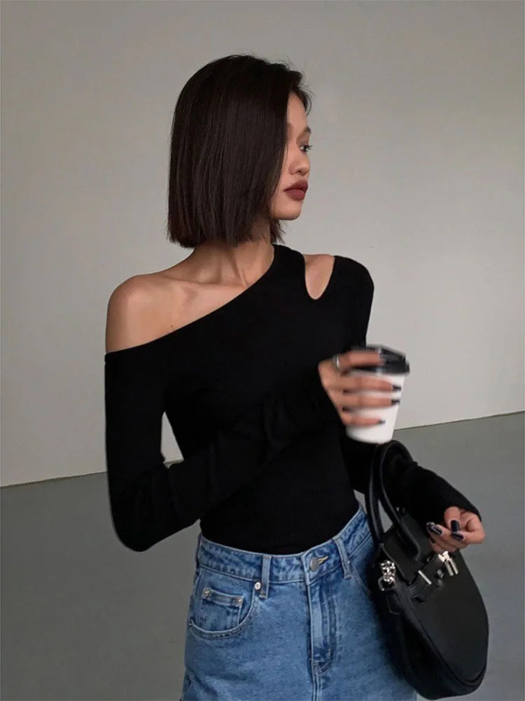 Fashion Skew Collar Off-shoulder Long-sleeved T-shirts Women Spring New Solid Slim Fit Crop Top Sexy Hollow Out Tees Shirts - Tasawoq