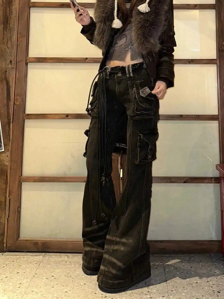 Women Korean Fashion Chic Jeans Grunge Japanese Harajuku Gyaru Y2K Denim Cargo Pants Cyber Punk Hip-pop 2000s Aesthetic Tomboy - Tasawoq