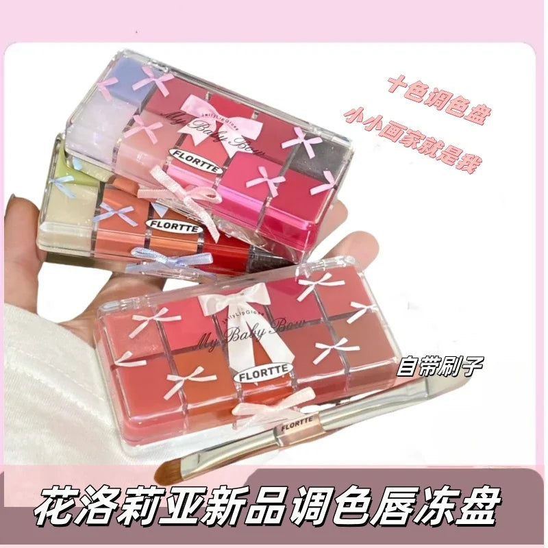 FLORTTE & My Baby Bow 10-color jell ylip gloss palette lipstick lip glaze - Tasawoq