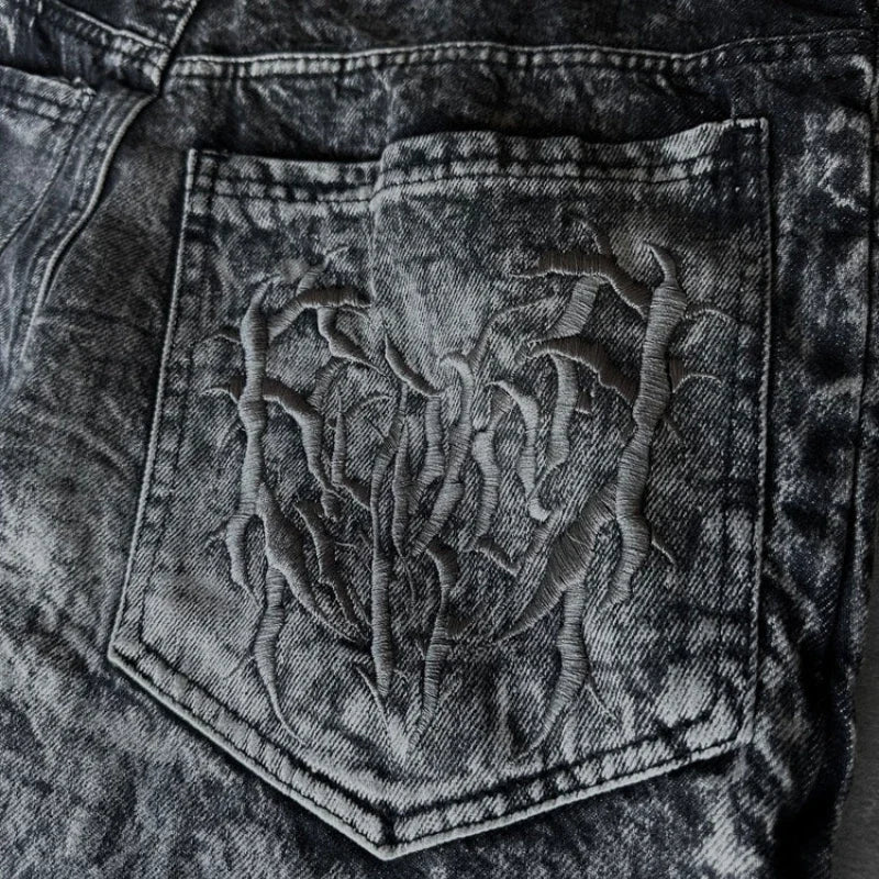 Gothic Retro Oversized Baggy Fit Unisex Mopping Pants Y2K Phantom Jeans High Street Spider Embroidered Patch Hip Hop Streetwear - Tasawoq
