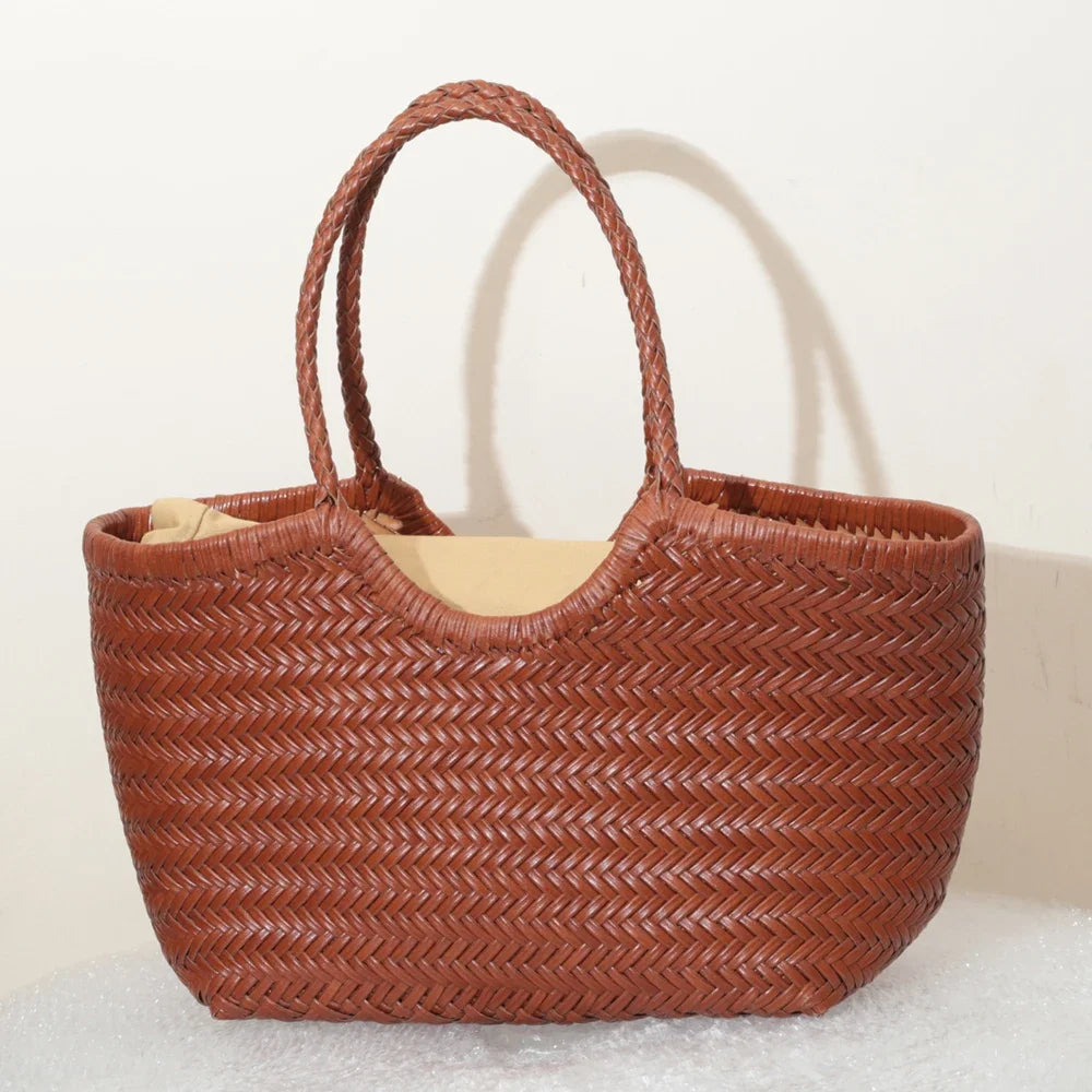 Handbags Women's Genuine Leather Shoulder Bag Weaving Casual Shopping Bag Vintage Big Tote Purse Cowhide Cross Hand Bags Lady - Tasawoq