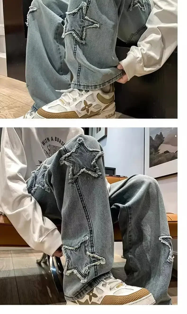 Stars Patchwork Men Jeans New Fashion Y2K Tassel Pants Korea Clothes Straight Hip Hop Splicing Trousers Male Streetwear - Tasawoq