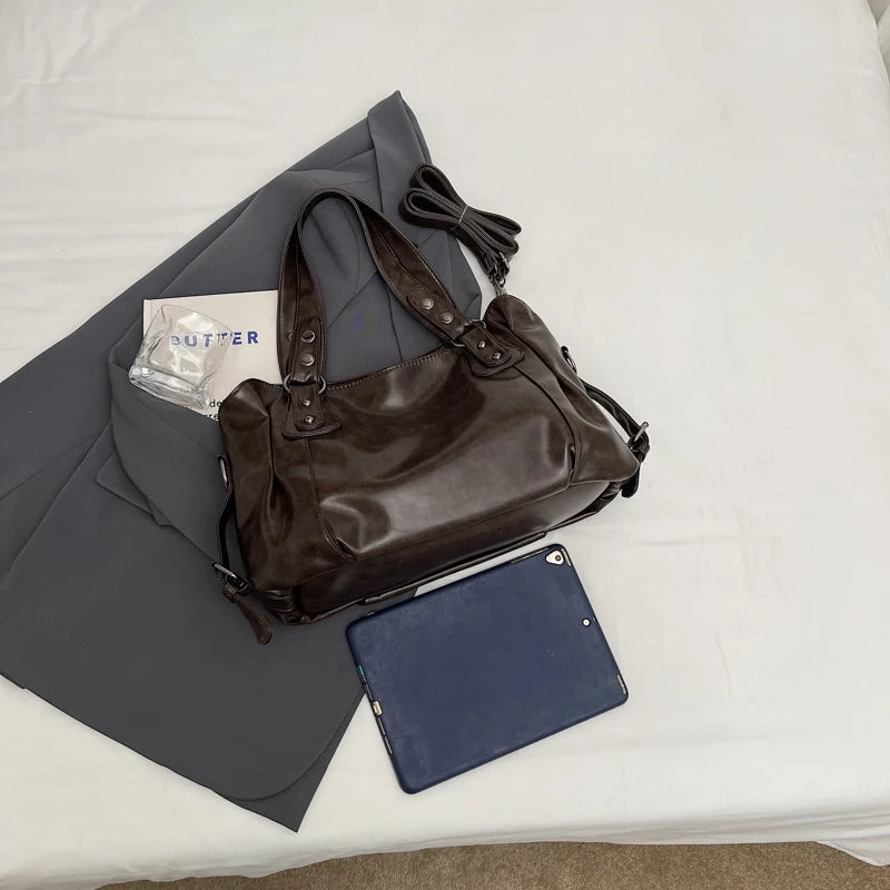 1 Piece Women's Pure Color Pu Retro Large Capacity Shoulder Tote Bag - Tasawoq