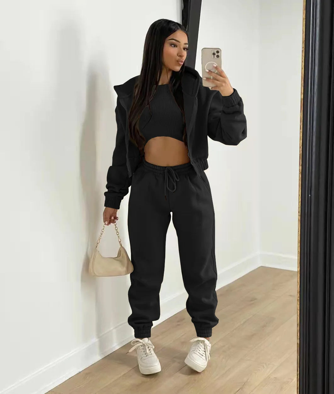 3pcs Women's Clothing Set Fleece-lined Hooded Sweater &Sleeveless Tank Top & Sports Sweatpants Pants - Tasawoq