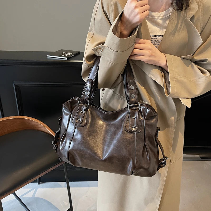 1 Piece Women's Pure Color Pu Retro Large Capacity Shoulder Tote Bag - Tasawoq